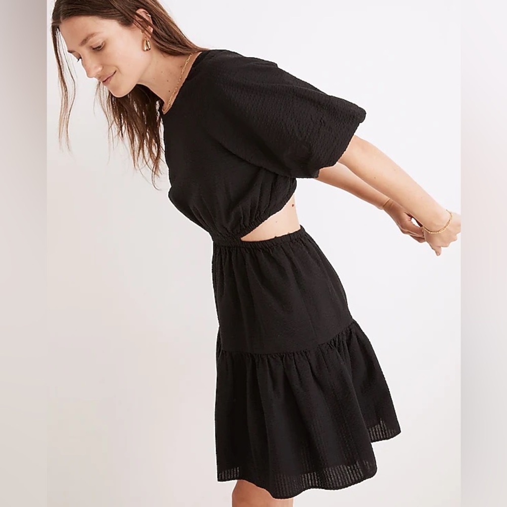 NWT Madewell Seersucker Puff-Sleeve Cutout Mini Dress‎ small in orange